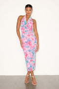 Venus Teal and Pink Floral Mesh Backless Midi Dress