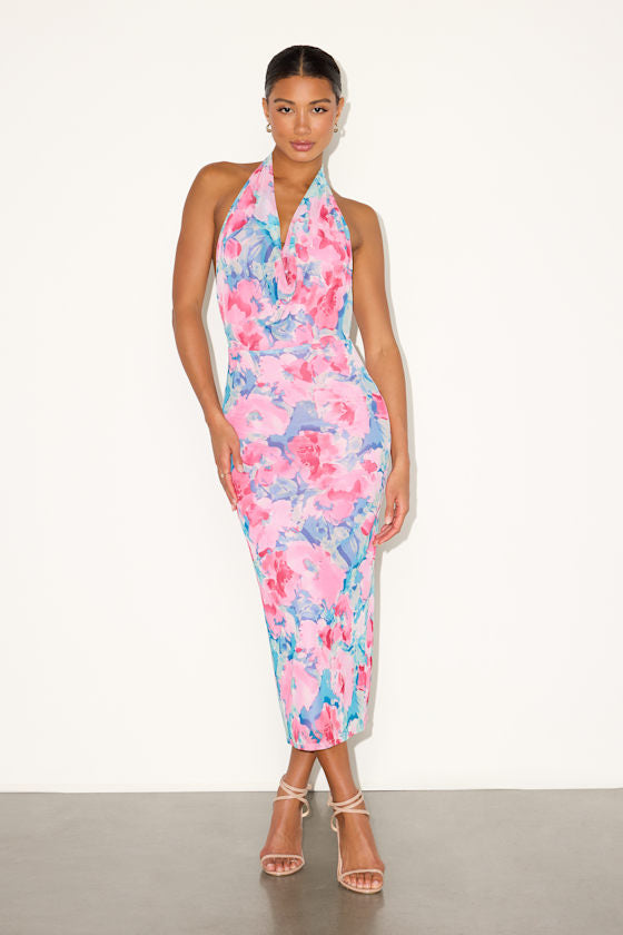 Venus Teal and Pink Floral Mesh Backless Midi Dress