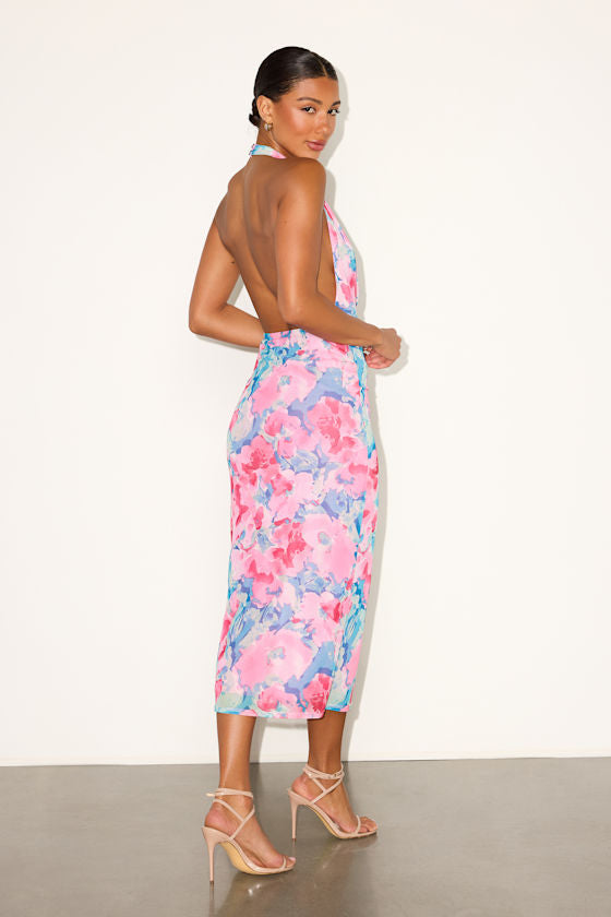 Venus Teal and Pink Floral Mesh Backless Midi Dress