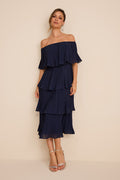 Gala Ready Navy Blue Off-the-Shoulder Ruffle Midi Dress