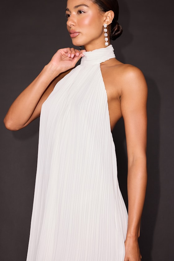 Gretchen White Pleated Halter Backless Mini Dress