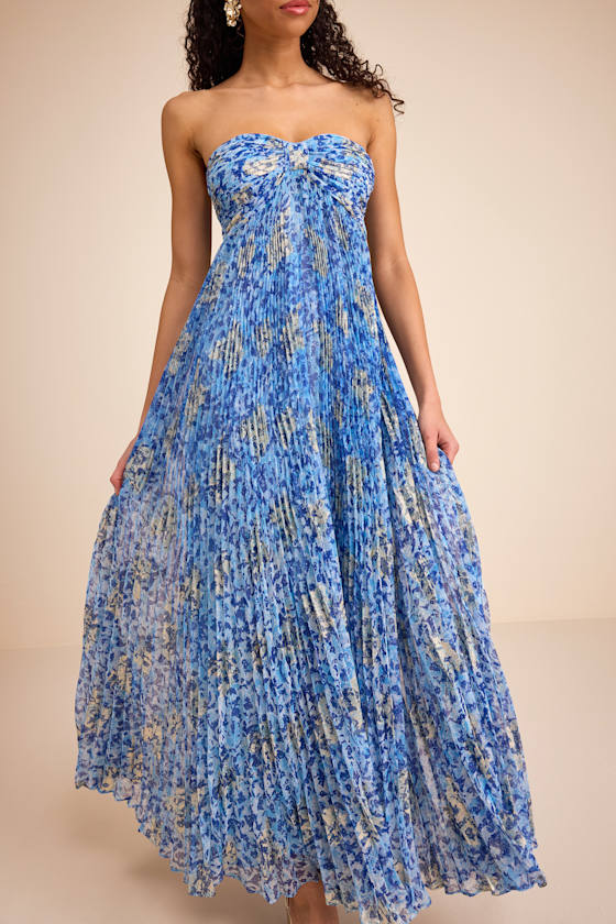 Lynwen Blue Abstract Pleated Strapless Maxi Dress