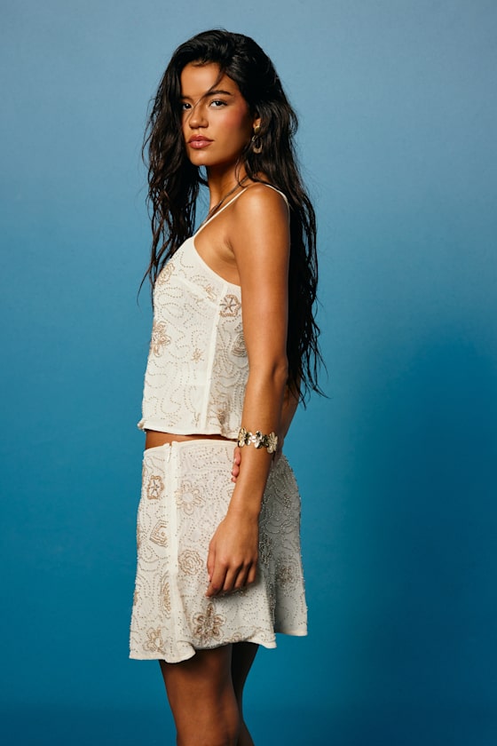 Abara Cream Mesh Beaded Cami Top