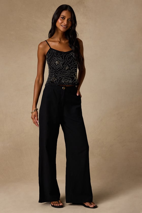 Abara Black Mesh Beaded Cami Top