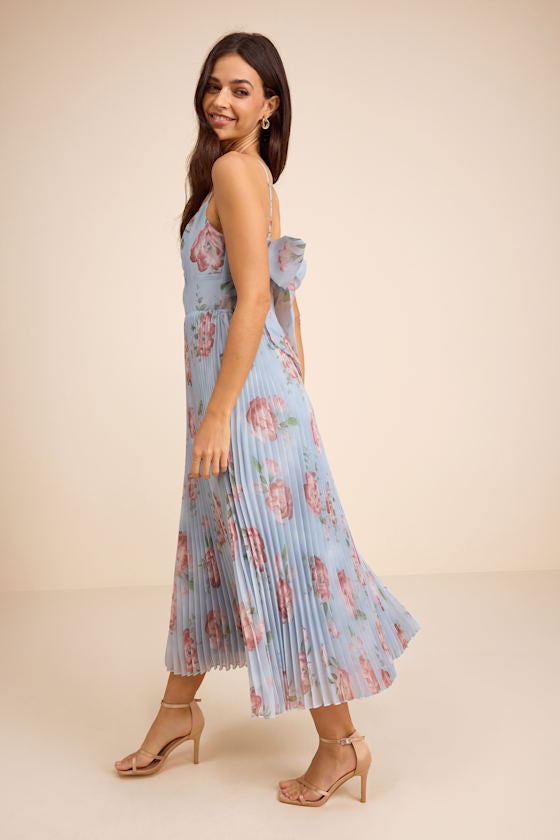 Alondra Light Blue Multi Floral Pleated Midi Dress