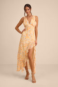 Laraline Peach Multi Floral Ruffled Cowl Back Maxi Dress