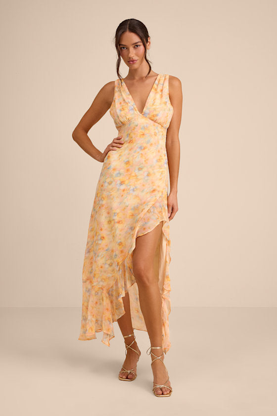 Laraline Peach Multi Floral Ruffled Cowl Back Maxi Dress