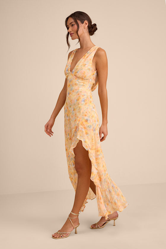 Laraline Peach Multi Floral Ruffled Cowl Back Maxi Dress