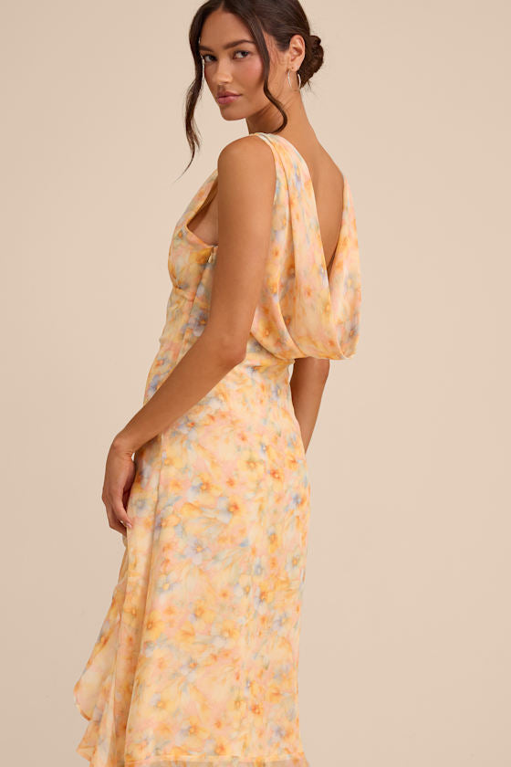 Laraline Peach Multi Floral Ruffled Cowl Back Maxi Dress