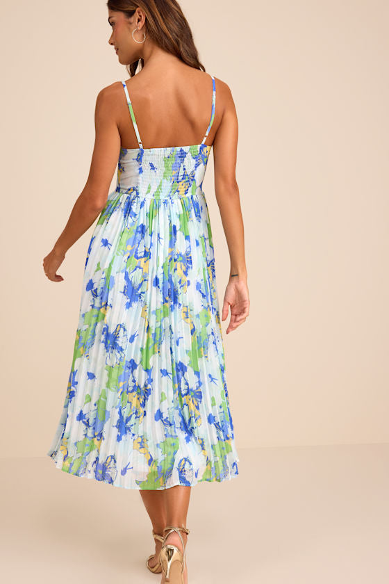 Dorothy Light Blue Multi Floral Print Pleated Midi Dress