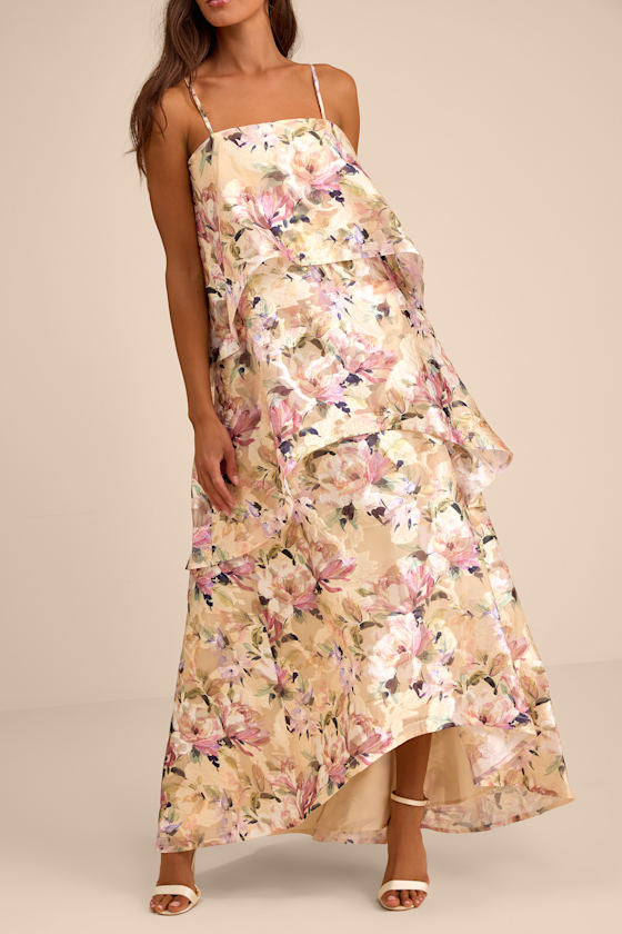 Daneli Yellow Multi Floral Jacquard Tiered Maxi Dress