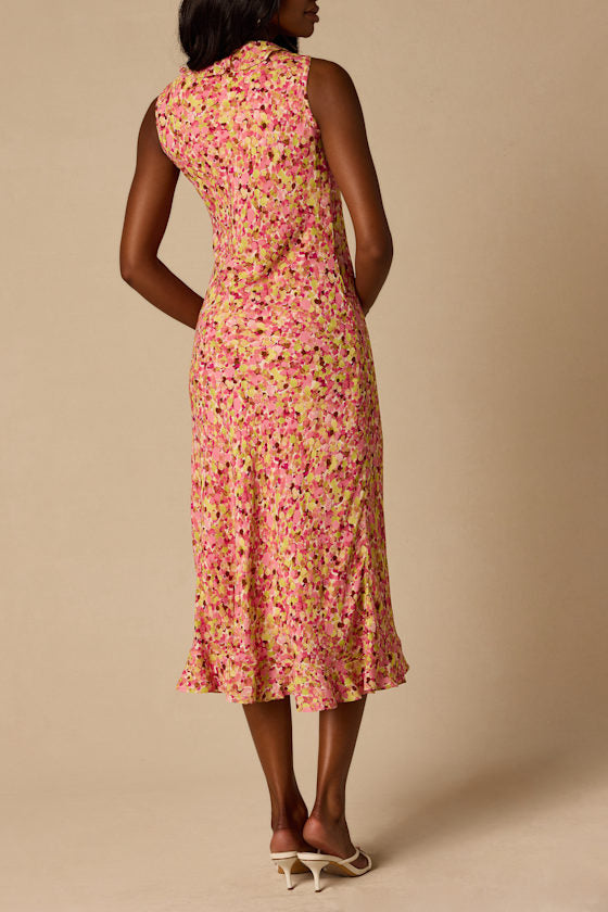 Renea Pink Multi Floral Ruffled Sleeveless Midi Dress