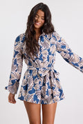 Dimora Blue Abstract Print Long Sleeve Collared Romper