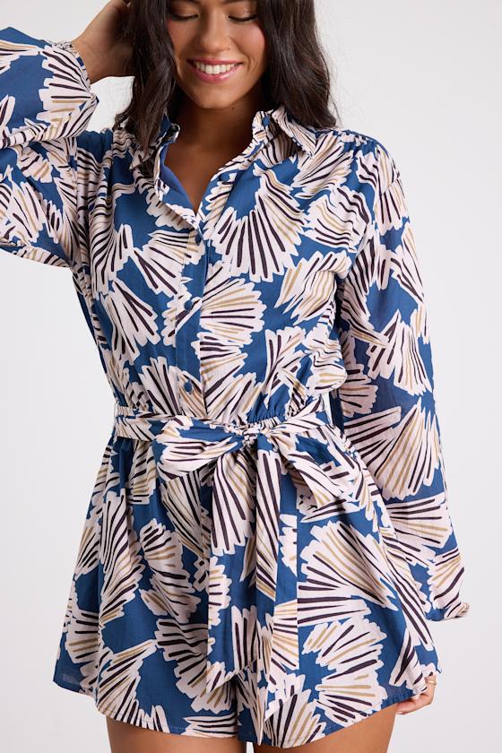 Dimora Blue Abstract Print Long Sleeve Collared Romper