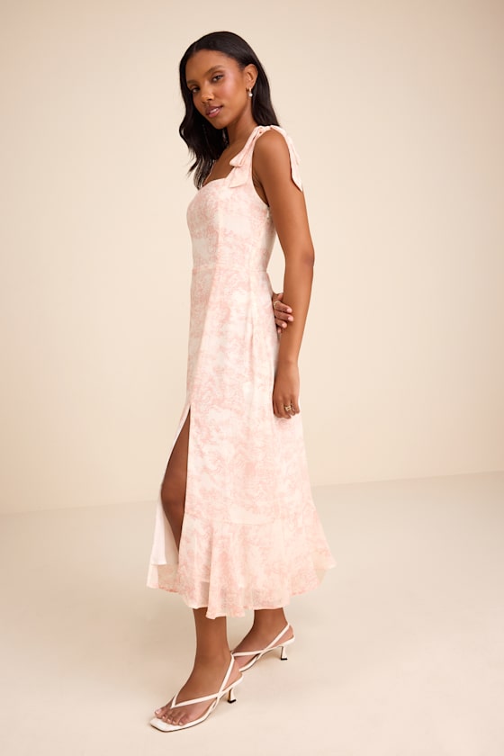 Summer Invite White and Pink Toile Tie-Strap Tiered Midi Dress