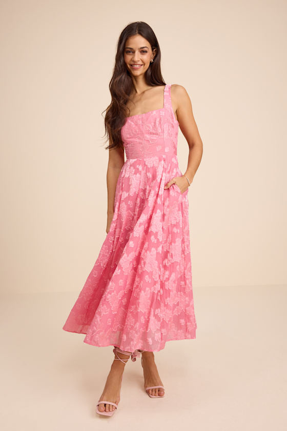 Loira Pink Burnout Jacquard Lace-Up Midi Dress