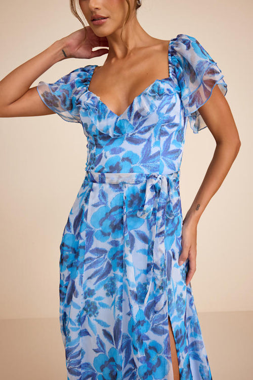 Sensationally Sweeter Blue Floral Ruffled Maxi Dress