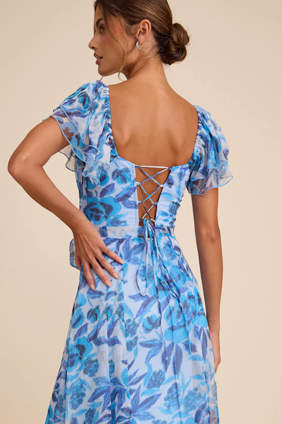 Sensationally Sweeter Blue Floral Ruffled Maxi Dress