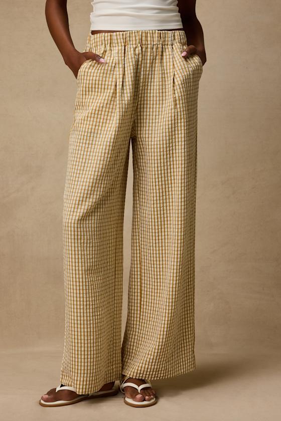 Tilly Tan Gingham Mid-Rise Wide-Leg Pants