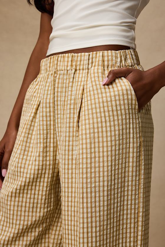 Tilly Tan Gingham Mid-Rise Wide-Leg Pants