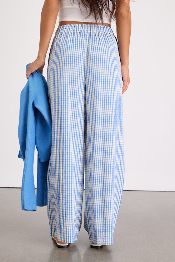 Tilly Blue Gingham Mid-Rise Wide-Leg Pants