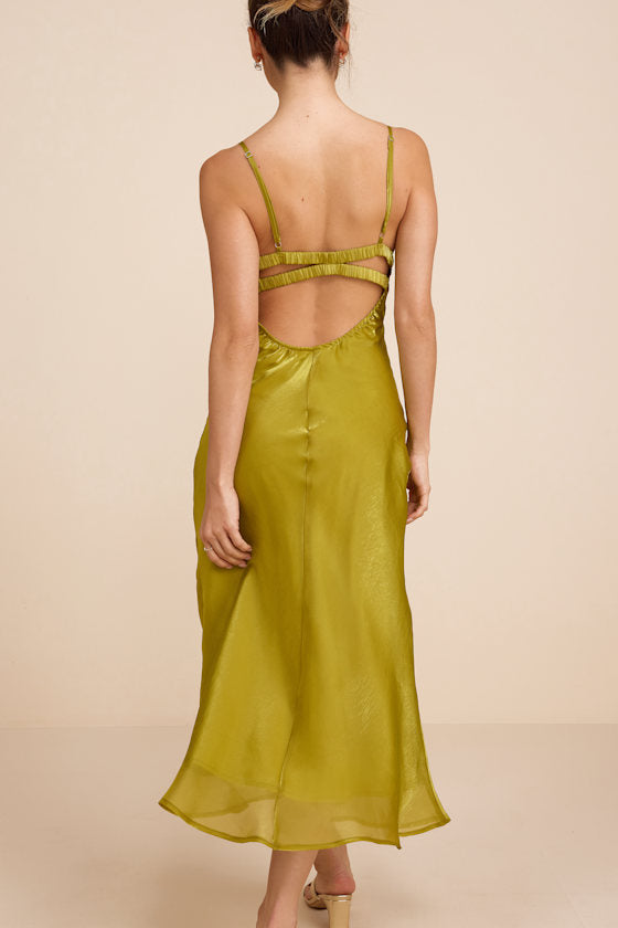 Alaia Chartreuse Satin Backless Midi Dress