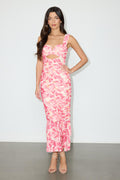 Aelara Pink Floral Mesh Ruched Trumpet Midi Dress
