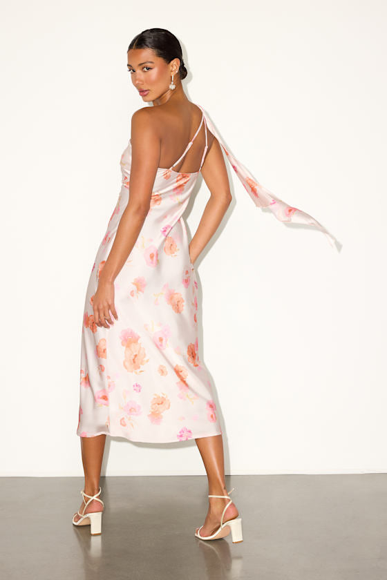 Naima Ivory Floral Satin One-Shoulder Midi Dress