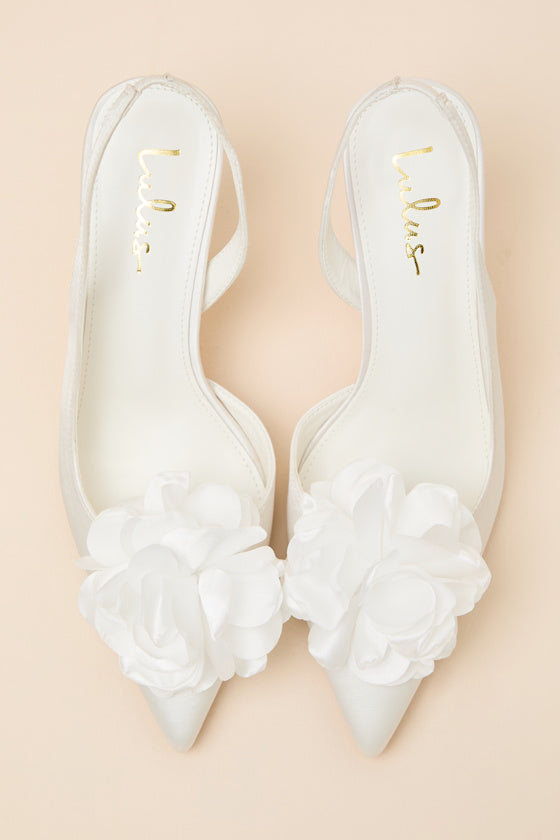 Courtney Ivory Satin Floral Applique Slingback Pumps