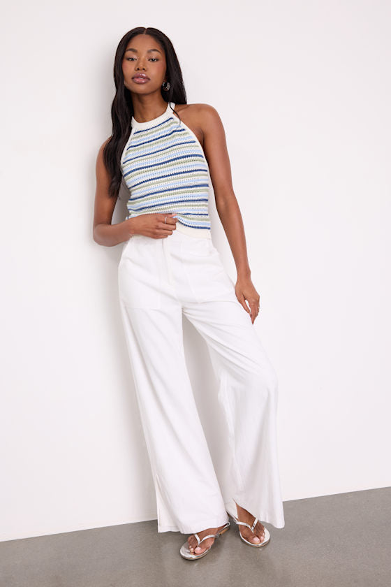 Farida Ivory and Blue Striped Crochet Tank Top