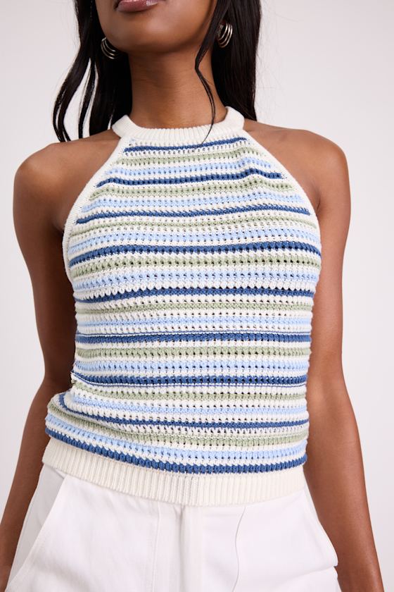 Farida Ivory and Blue Striped Crochet Tank Top