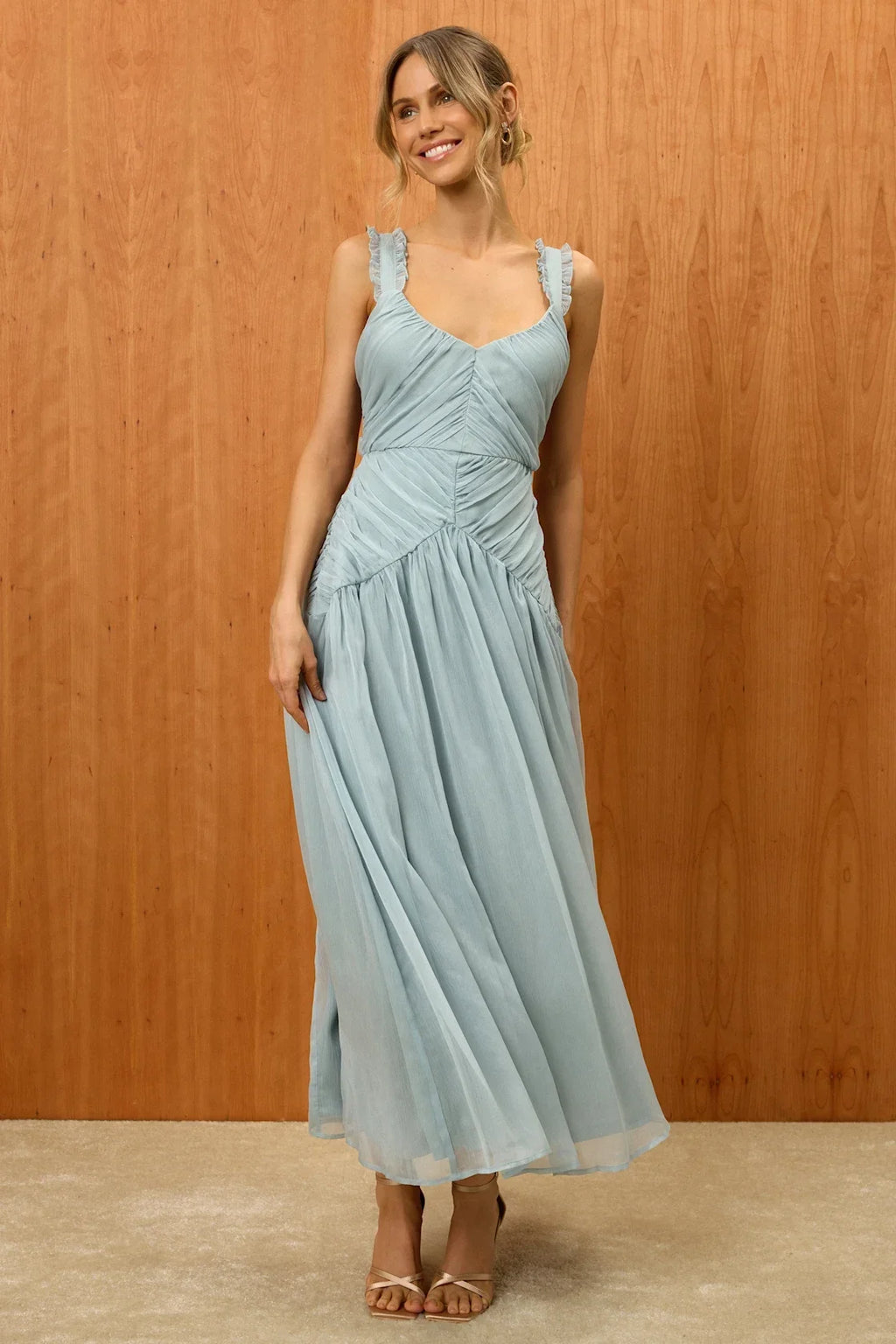 Laufey Dusty Blue Pleated Drop Waist Midi Dress