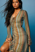 Vernazza Brown Multi Crochet Collared Long Sleeve Maxi Dress