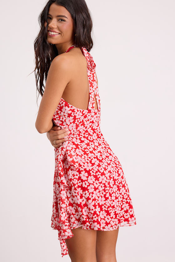 Chenaya Red Floral Halter Wrap Mini Dress