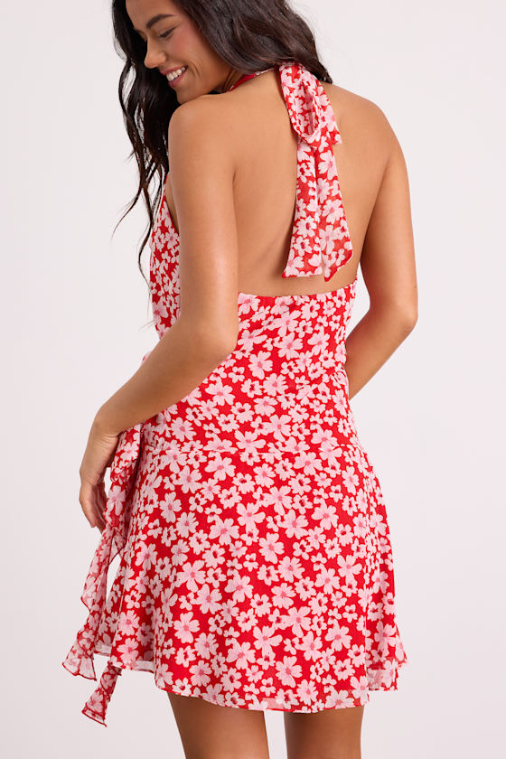 Chenaya Red Floral Halter Wrap Mini Dress