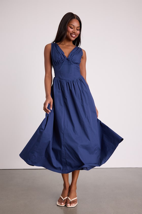 Lettie Navy Poplin Plunge Neck Midi Dress