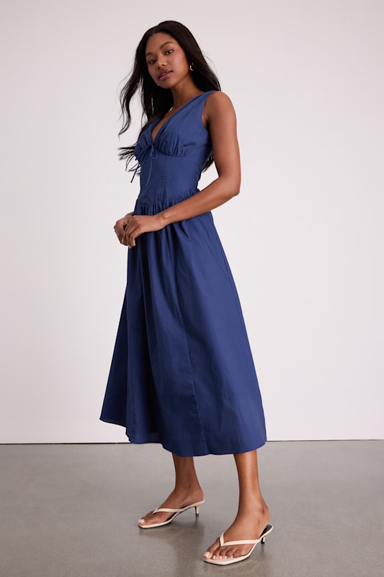 Lettie Navy Poplin Plunge Neck Midi Dress