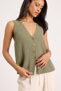 Casually Sophisticated Olive Linen Sleeveless Button-Front Top