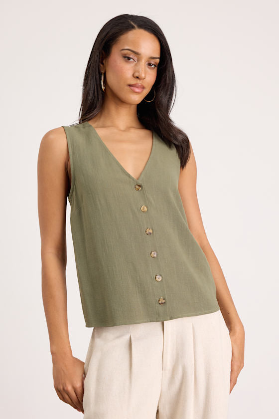 Casually Sophisticated Olive Linen Sleeveless Button-Front Top