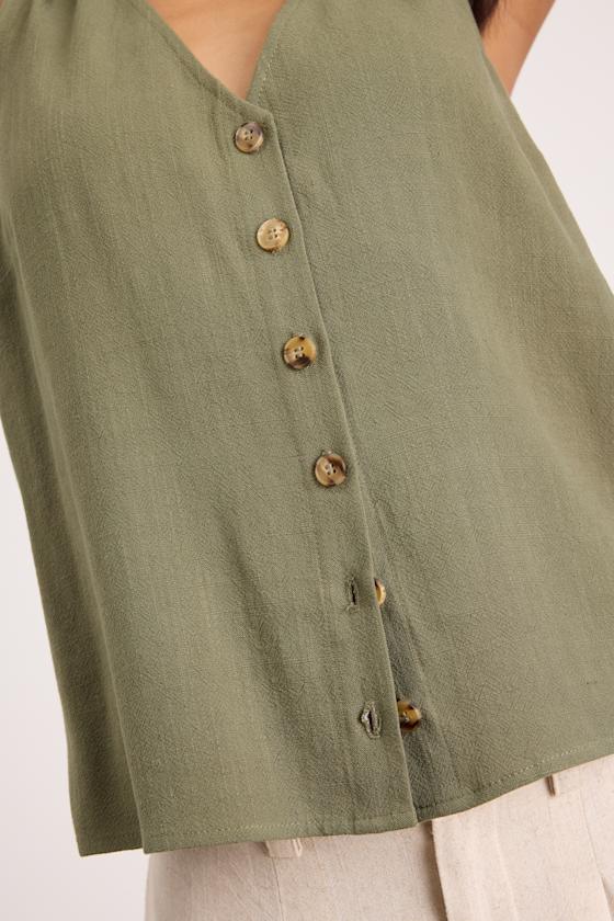 Casually Sophisticated Olive Linen Sleeveless Button-Front Top