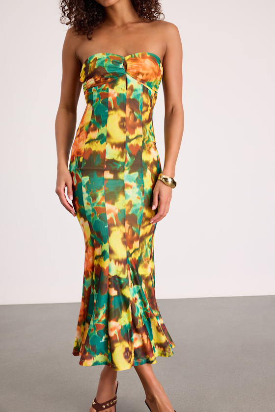 Islay Green Multi Abstract Mesh Strapless Midi Dress