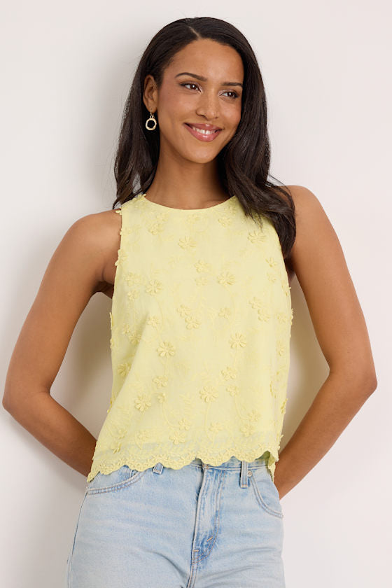 Pleasant Personality Yellow Floral Embroidered Crew Neck Tank
