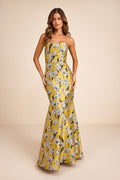 Gowning Around Yellow Floral Jacquard Strapless Maxi Dress