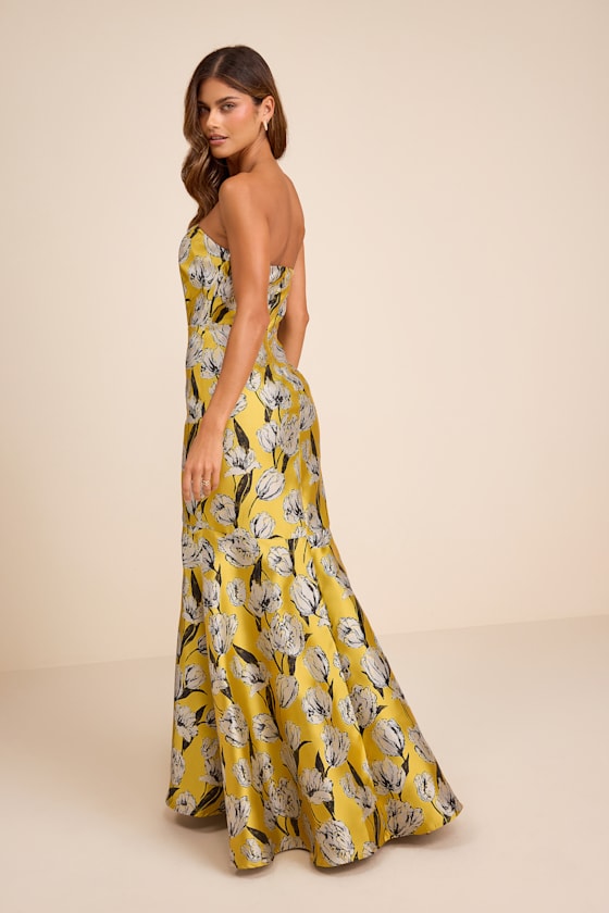 Gowning Around Yellow Floral Jacquard Strapless Maxi Dress