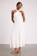 Always Eye-Catching White Tiered Halter Midi Dress