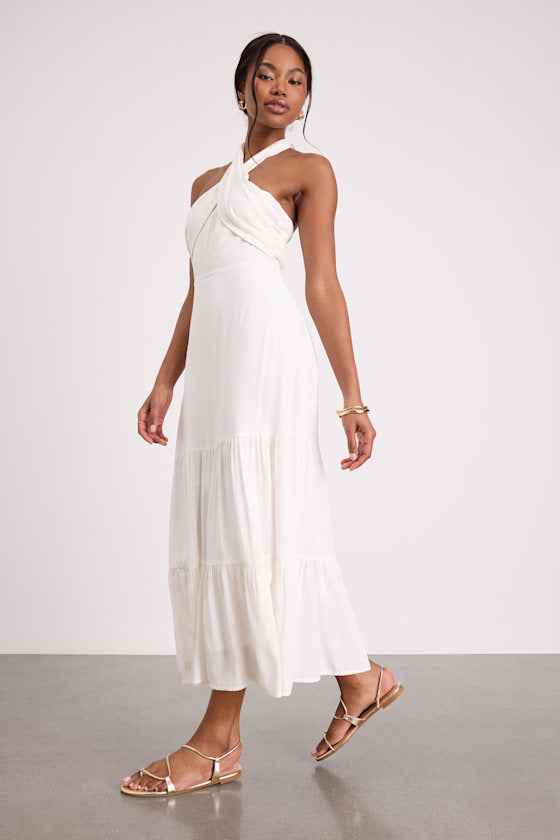 Always Eye-Catching White Tiered Halter Midi Dress