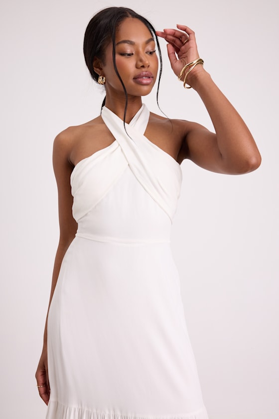 Always Eye-Catching White Tiered Halter Midi Dress