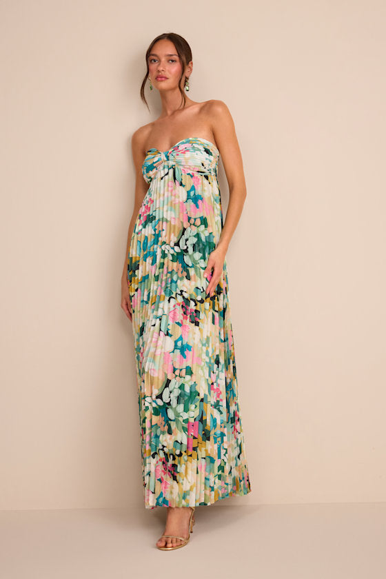 Whimsical Beauty Multi Floral Satin Plisse Strapless Maxi Dress