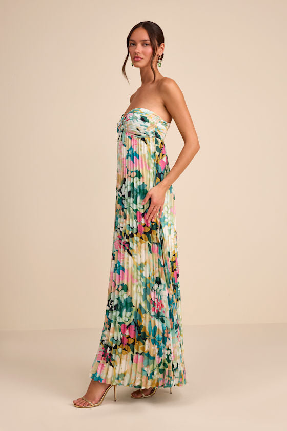 Whimsical Beauty Multi Floral Satin Plisse Strapless Maxi Dress