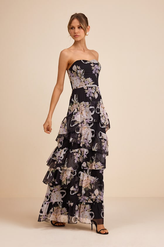 Niyati Black Floral Strapless Tiered Maxi Dress